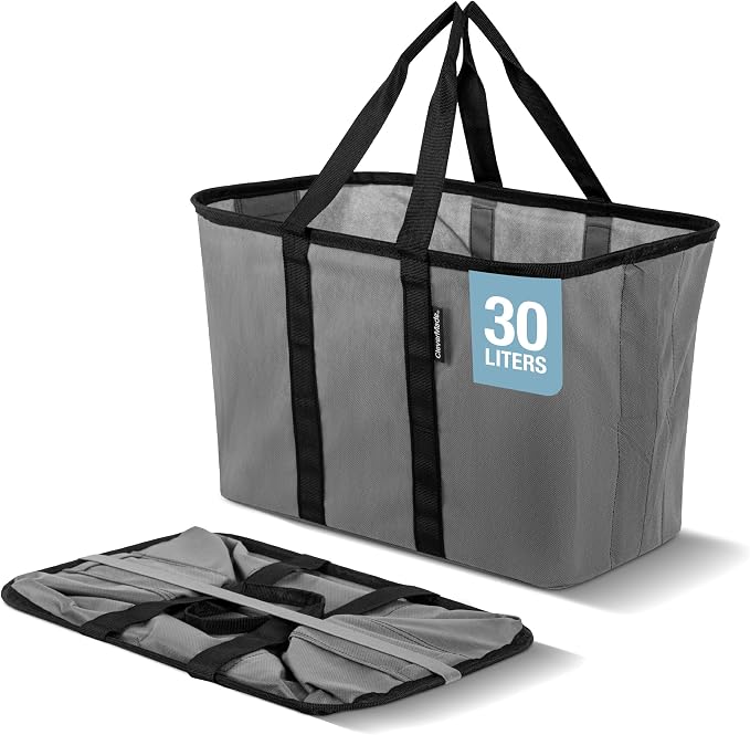 CleverMade EcoBasket Collapsible Grocery Tote, 30L Structured Tote Bag | Load Groceries Without the Bag Collapsing | The Structured Frame Stays Open, Then Folds to 1 Inch for Compact Trunk Storage by CleverMade