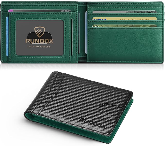 RUNBOX Wallet for Men Slim Leather Bifold RFID Blocking Minimalist Front Pocket Design with Gift Box | Minimalist Front Pocket Design, Holds 8 Cards, RFID Protection, Gifts for Men on Birthdays, Father’s Day, and Christmas by RUNBOX