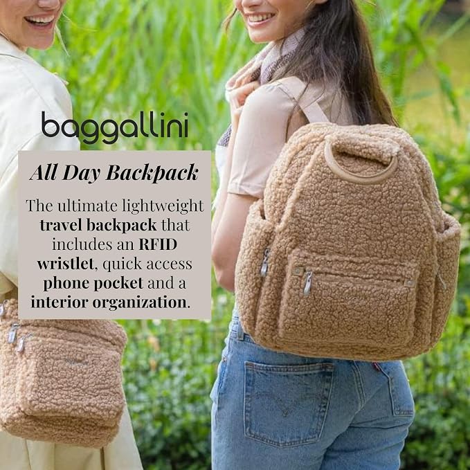 Baggallini Womens All Day Backpack With RFID Phone Wristlet, Black Faux Shearling - Image 2