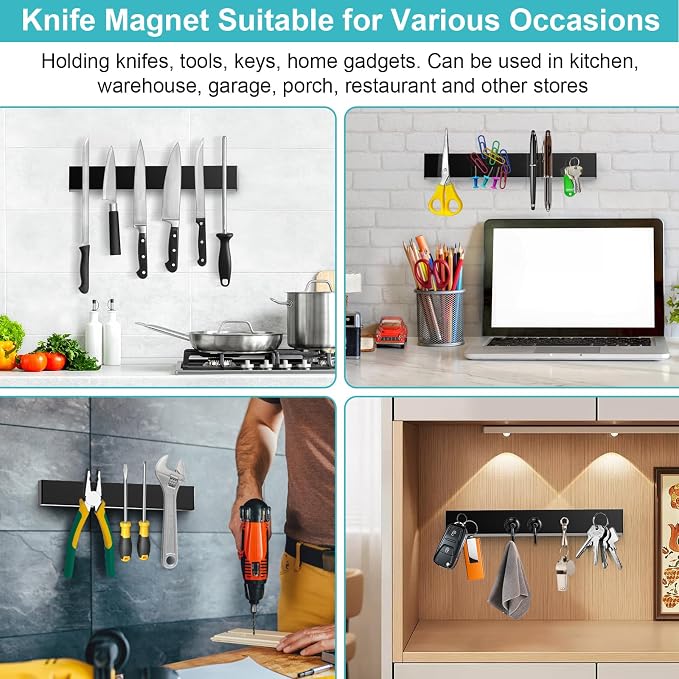 Magnetic Knife Holder With 3 Hooks, 12 Inch Knife Magnetic Strip No Drilling Adhesive Magnetic Knife Holder for Wall Mount Fridge Refrigerator, Magnet Bar Tool Holder Organizer RV Kitchen Gadgets - Image 5