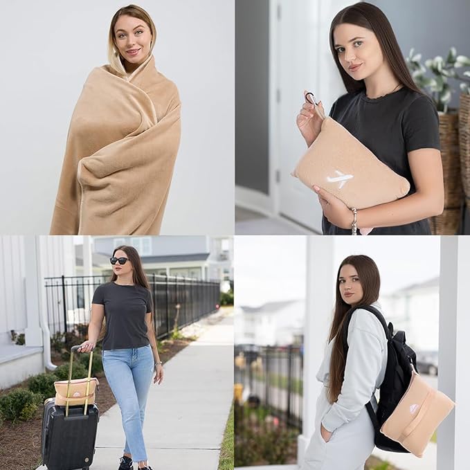 BlueHills Premium Soft Plush Mini Travel Blanket Pillow Long Flights Beige | Compact Luggage Belt and Backpack Clip, Warm Plane Pillow, Packable, 2in 1 Airplane Travel Size Blanket Case, Cruise, Gift - Image 3