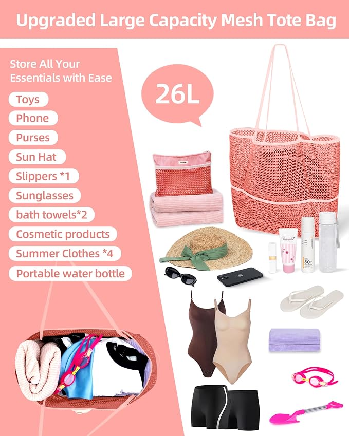 Mesh Beach Tote Bag for Women, 2-in-1 Large Lightweight Foldable Design | Packable into Matching Makeup Pouch | Multiple Pockets | Quick-Dry Sandproof Mesh | Beach, Pool, Travel, Shopping & Gym - Image 2