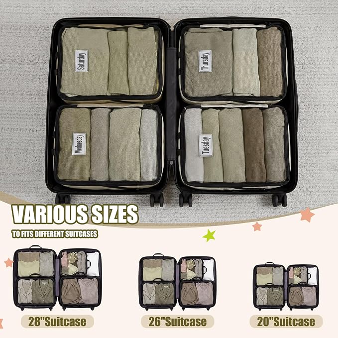 7 Pcs Packing Cubes for Travel Days of Week,Brown,Large - Image 4