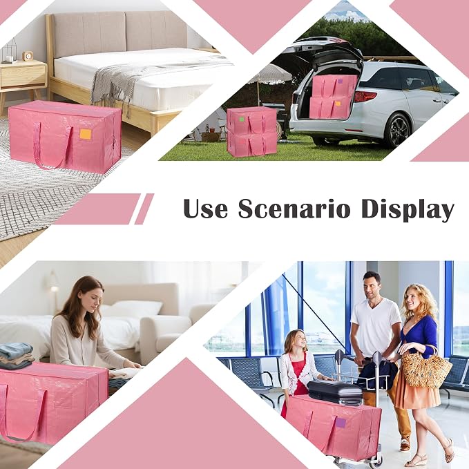 6 Pack Moving Bags with Full-Open Side Zipper, Extra Large 93L Heavy Duty Waterproof Foldable Storage Totes for College Dorm, Moving & Home Organization Pink - Image 9