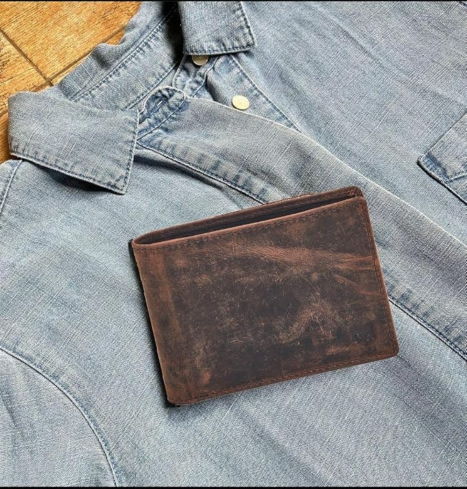 Real Leather Mens Bifold Wallet RFID Blocking Slim Minimalist Front Pocket - Thin & Stylish with ID Window in Gift Box (Crazy Horse, Cognac). - Image 5