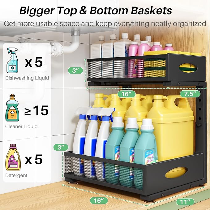 Under Sink Organizer, 1-Pack Pull Out Cabinet Organizer 2 Tier Metal Slide Out Storage Shelf Rack, L-Shaped Adjustable Height,Mesh Sliding Drawer for Kitchen, Bathroom, Laundry, Pantry, Black, XL - Image 3