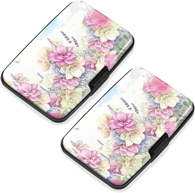 2 Pack Credit Card Holder for Women RFID Blocking Wallet, Pink Flower | Card Wallets for Women Small Mini Business Metal Accordion Aluminum Alloy Hard Case for Men by SLIMELEGANCEPERSONIFIED