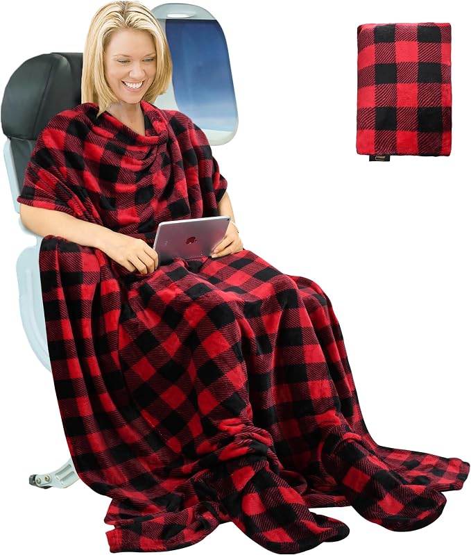 Tirrinia Travel Portable Blanket with Feet Pocket Airplane Office Poncho 4 in 1 Zippered Front Pocket Premium Cozy Fleece Blankets with Built-in Bag by Tirrinia