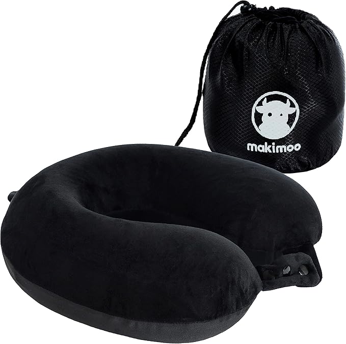 Travel Neck Pillow, Top Memory Foam Pillow for Head Support, Ideal for Airplanes, Cars, and Home Recliners, Adjustable and Soft (Black) by Makimoo