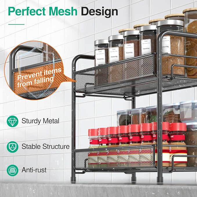 Spice Rack Organizer for Countertop 2 Pack, 2-Tier Counter Foldable Metal Standing Large Seasoning Storage Shelf for Kitchen Cabinet Bathroom Living Room Pantry Office, Black - Image 6