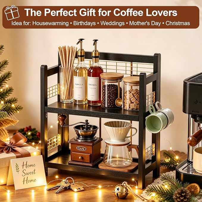 No-Assembly Coffee Bar Organizer, 2-Tier Coffee Station Shelf | Foldable Oak Wood Shelf, Coffee Station Accessories Storage for Syrup & Pods, 3 Hooks for Mugs, Kitchen Spice Rack, Black - Image 7
