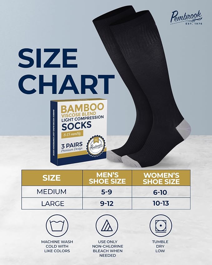 Pembrook® Bamboo Viscose Light Compression Socks - 3 Pairs | 8-15 mmhg Compression Socks | Knee High Comfort Support Socks - Image 6