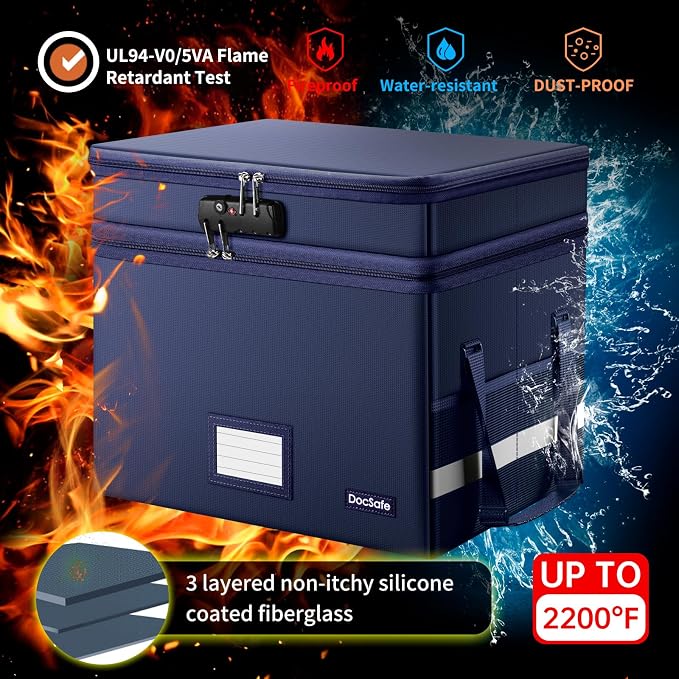 DocSafe File Box with Lock,Multi-Layer Fireproof Document Box Collapsible File Storage Organizer with Pockets/Handle,Large Portable Home Office Filing Safe for Hanging Letter/Legal Size Folders,Blue - Image 6