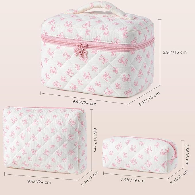 HBselect Quilted Makeup Bag, 3Pcs Cotton Large Travel Makeup Bags Organizer | Cute Floral Make up Bag Cosmetic Bag Toiletry Bag for Women Girls, Makeup Pouch for Skincare, Brushes & Travel Essentials - Image 5