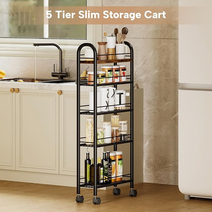 Slim Storage Cart, 5 Tier Narrow Utility Cart with Metal Frame and Wooden Top, Rolling Storage Organizer Shelving Unit for Kitchen, Dining Room, Living Room,Home Office, Vintage - Image 3