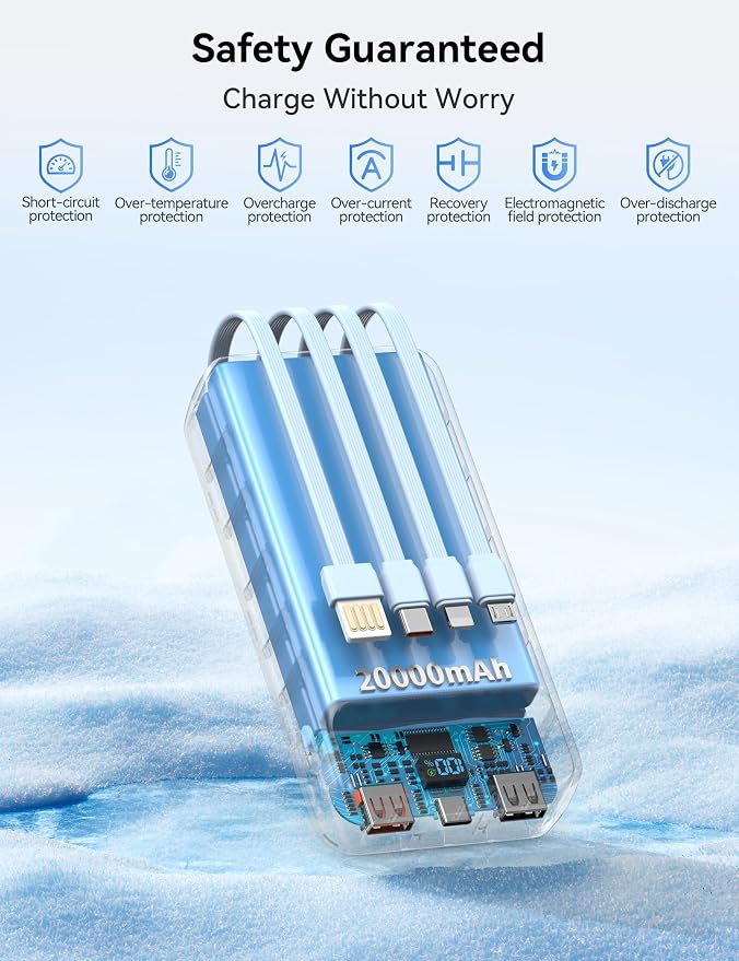 Nusyddy Portable Charger 20000mAh 22.5W w/4 Built-in Cables/6 Outputs Blue | 22.5W Fast Charging, LED Display, Pass Through Charging, Charge 6 Devices at once, TSA Approved, Fits iPhone, iPad, Samsung - Image 8