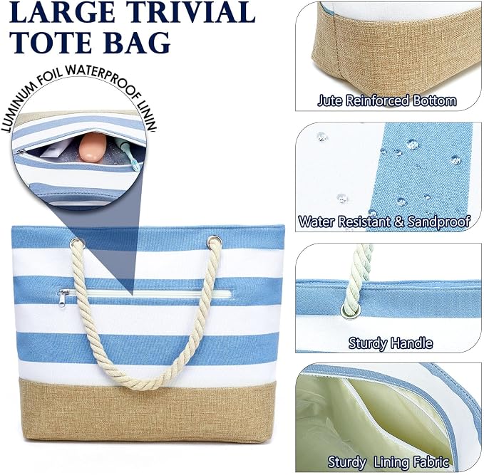 Fammart Beach Bags Waterproof Sandproof for Women, Large Canvas Pool Bag with Leakproof Wet Pocket & Zipper Cruise Essentials - Image 6