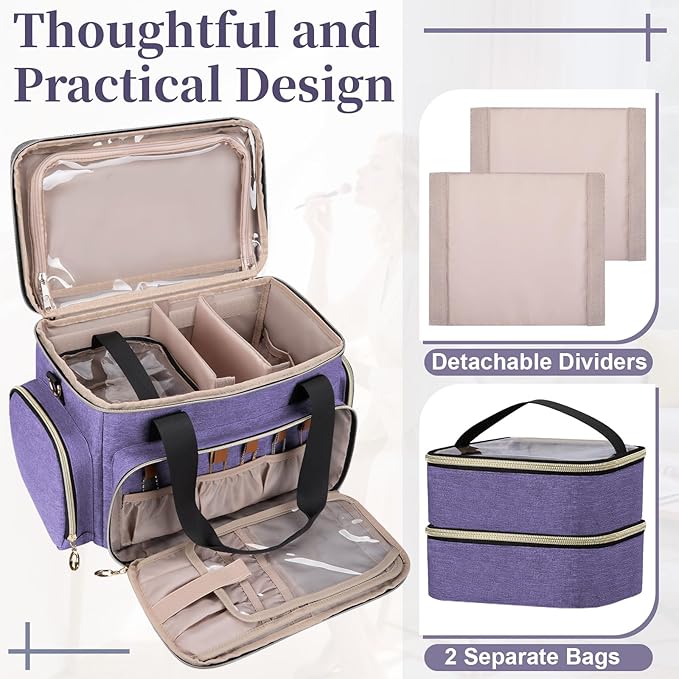 GDNasist Large Makeup Bag, Portable Travel Makeup Bag Organizer | Cosmetic Travel Bag for Women Girls with 2 Removable Pouches & Detachable Dividers, Toiletry Bag for Makeup and Hair Supplies - Image 6