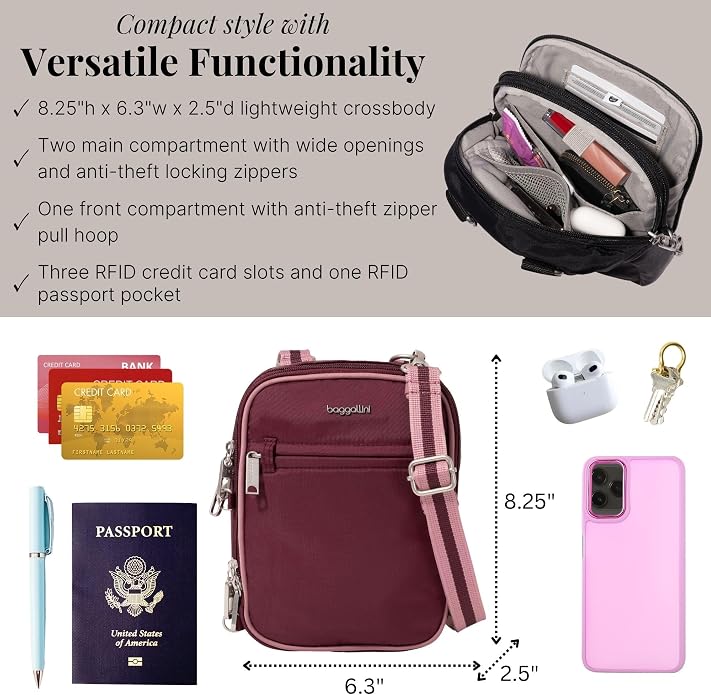 Baggallini Securtex® Anti-theft Mini Everything Crossbody Bag, 6.3"x8.25" Rfid, Locking Zippers & Cut-resistant Strap - Image 4