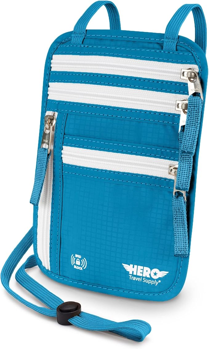 HERO Neck Wallet - RFID Blocking Passport Holder, Easy to Conceal Travel Pouch (Aqua) by HeroTravelSupply