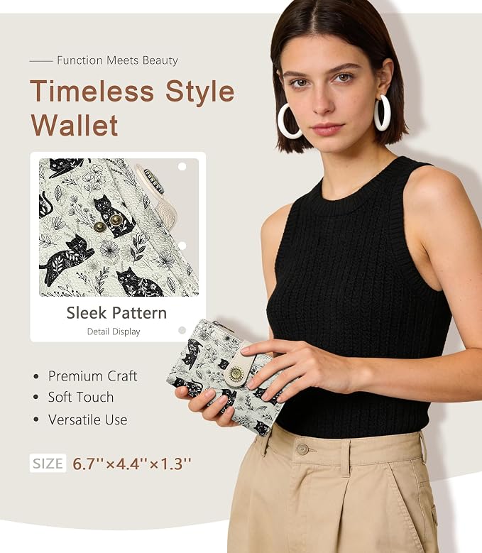 Black Cat Wallet Women RFID, Passport Holder, Credit Card Holder | 6.7" x 4.4" x 1.3" Bifold, Travel billfold, Zipper Pocket, PU Leather, Clutch, Purse, ID Window, Pen Holder, Gift Ladies Girl - Image 2
