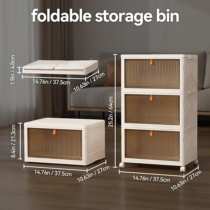 LDQ Storage Bins with Lids, 3 Tier 69QT Stackable Storage Cabinet, Foldable Closet Organizer with Doors & Wheels, Plastic Storage Drawers for Bedroom, Living Room, Bathroom - Image 2