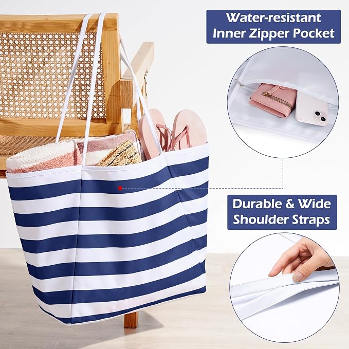 KALIDI Beach Tote Bag Women Large Waterproof Sandproof Shoulder Handbags | Foldable Grocery Bag Striped Pool Bag Lightweight Travel Purse for Picnic Travel Vacation Casual Errands Everyday Daily - Image 4