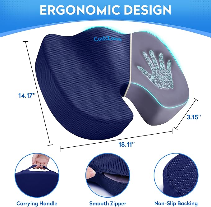 CushZone Memory Foam Seat Cushion for Office Car & Wheelchair, Blue | U-shaped Coccyx Cutout, Contoured Design, Breathable Removable Mesh Cover, Non-Slip Base, Carry Handle - Image 4