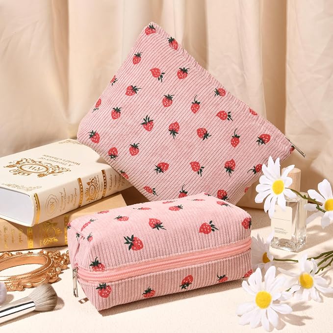 SOIDRAM 2 Pcs Makeup Bag Large Cosmetic Bag Toiletry Bag Makeup Pouch Travel Bag Organizer Cute Makeup Brushes Aesthetic Accessories Storage Bag for Women Pink Strawberry - Image 4