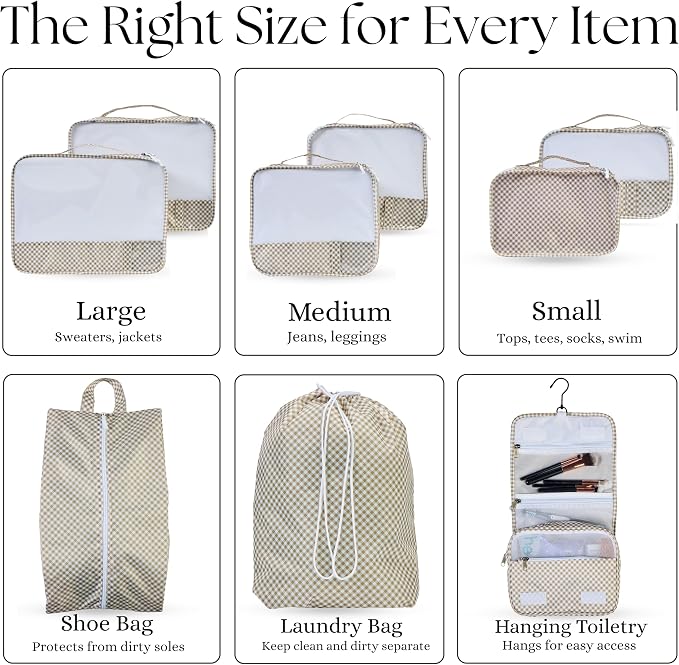 Packing Cubes Set – Cute Packing Cubes for Travel, Luggage Organizer Bags for Suitcase, For Kids & Family, Floral, Neutral & Aesthetic Travel Organizer Set-Gingham - Image 3