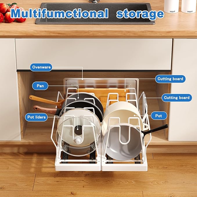 Mustorn 2 Pack Pots and Pans Organizer Under Cabinet, 21.6" Deep Pull Out Pot Lid Organizer Holder with Guardrail Adhesive Pot and Pan Holder Rack with 10 Adjustable Dividers(White) - Image 2