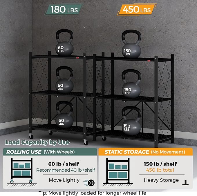 DEANIC 3 Tier Foldable Storage Shelves with Wheels, Kitchen Appliance Stand, Freestanding Metal Wire Shelf Rack, No Assembly Organizer Rolling Cart for Garage, Basement, Pantry (Black) - Image 4