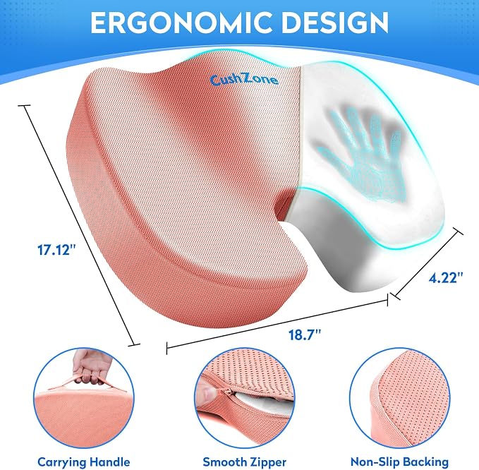 CushZone XXL Memory Foam Seat Cushion for Office & Car, Pink | U-shaped Coccyx Cutout, Contoured Design, Breathable Removable Mesh Cover, Non-Slip Base, Carry Handle - Image 3