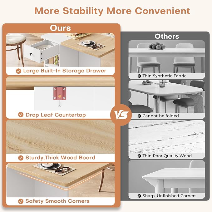 Jocoevol Space Saving Folding Dining Table for 4, Foldable Dining Table with Drawer and Storage Shelf, 6 Wheels Drop Leaf Kitchen Dining Room Table for Small Space (Natural, 47.2" x 23.6" x 29.9") - Image 6