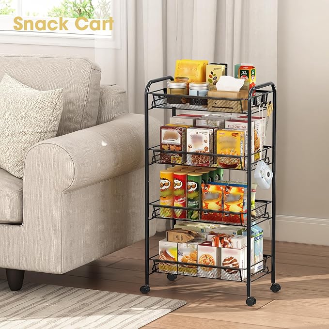 TOOLF 4-Tier Rolling Cart, Metal Utility Cart with 3 Hooks, Easy Assemble Mobile Storage Trolley On Wheels, Metal Shelving Units Kitchen Bathroom Laundry Room - Image 7