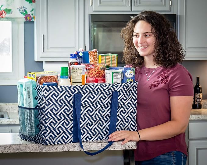Extra Large Utility Tote Bag - Oversized Collapsible Reusable Wire Frame Rectangular Canvas Basket With Two Exterior Pockets For Beach, Pool, Laundry, Car Trunk, Storage - Geo Navy Blue - Image 2