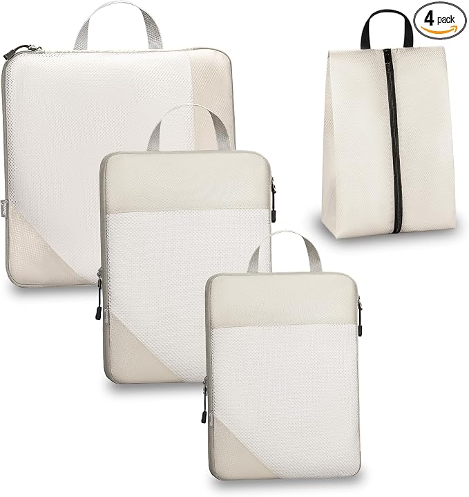 Compression Travel Packing Cubes with White Mesh, Apricot, 4Pcs | Waterproof fabric and See-Through Mesh, Space-Saving Compression Organizer for Travel and Daily Clothes Storage by Unknown