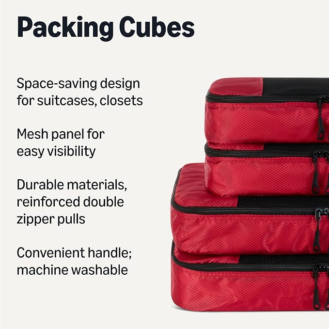 Amazon Essentials 4-Piece Packing Cubes Travel Accessories Set, Luggage Organizer with Double Zipper, Mesh Top, Space-Saving, 2 Medium/2 Large, Red (Previously Amazon Basics) - Image 2
