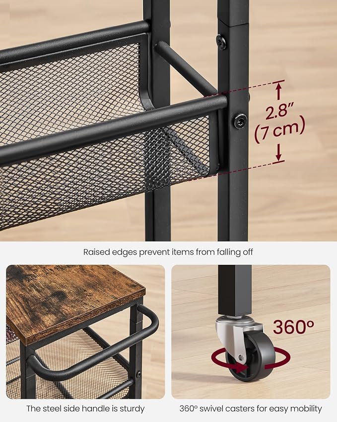 VASAGLE 6-Tier Slim Rolling Storage Cart, Narrow Kitchen Cart with Wheels, Utility Organizer, 17.9 x 8.7 x 51.7 Inch, for Bathroom Pantry, Rustic Brown and Matte Black, Dacey Collection ULRC039K101 - Image 7