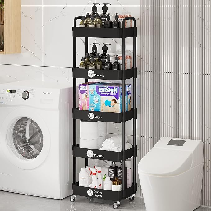 Laiensia Multifunction Utility Rolling Cart, 5-Tier Plastic & Metal Storage Organizer, Black, Lockable Wheels, Modern Style, Indoor Use - Image 5