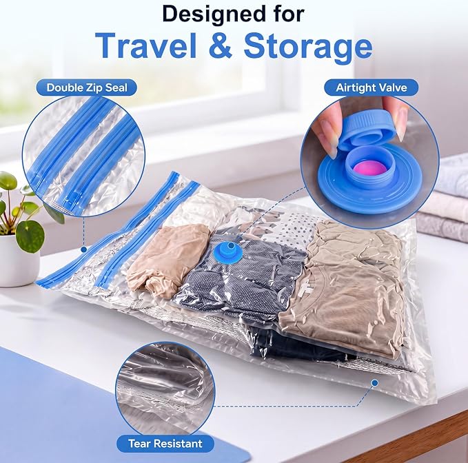12 Pack Vacuum Storage Bags for Travel with Cordless Rechargeable Pump, Carry-On Compression Seal Bags for Luggage and Suitcase, Space Saver for Clothes and Packing - Image 3