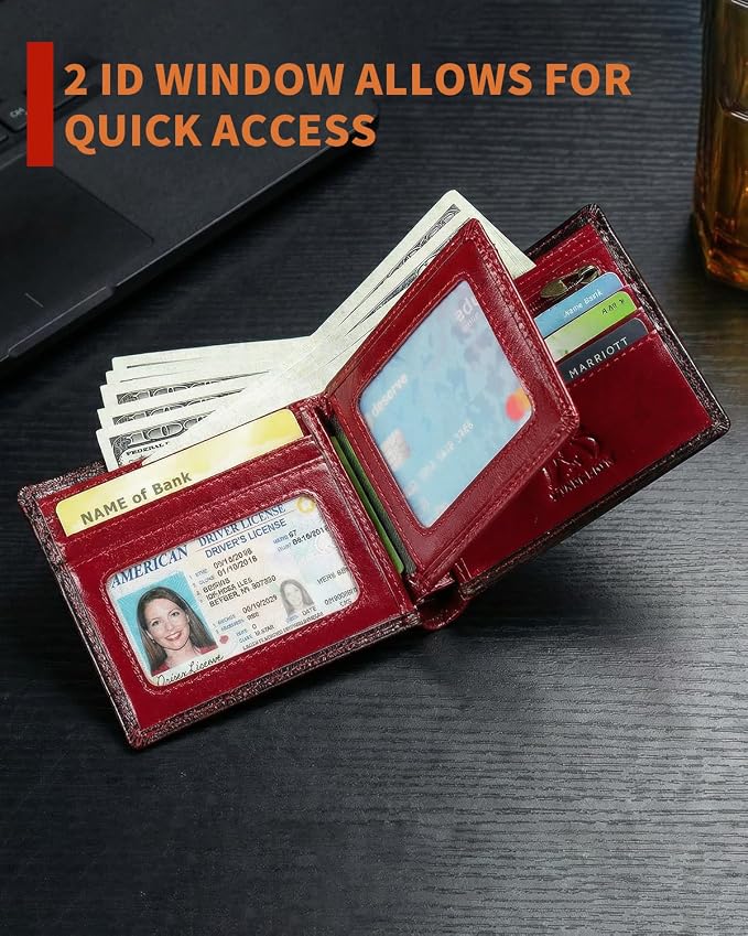 Men's Cowhide Leather RFID Wallet, Slim Bifold (Red) | 2 Clear ID Windows, 10 Card Slots, Zipper Coin Pocket, Gradient Finish for Business, Travel, Daily Carry and Gifts - Image 4