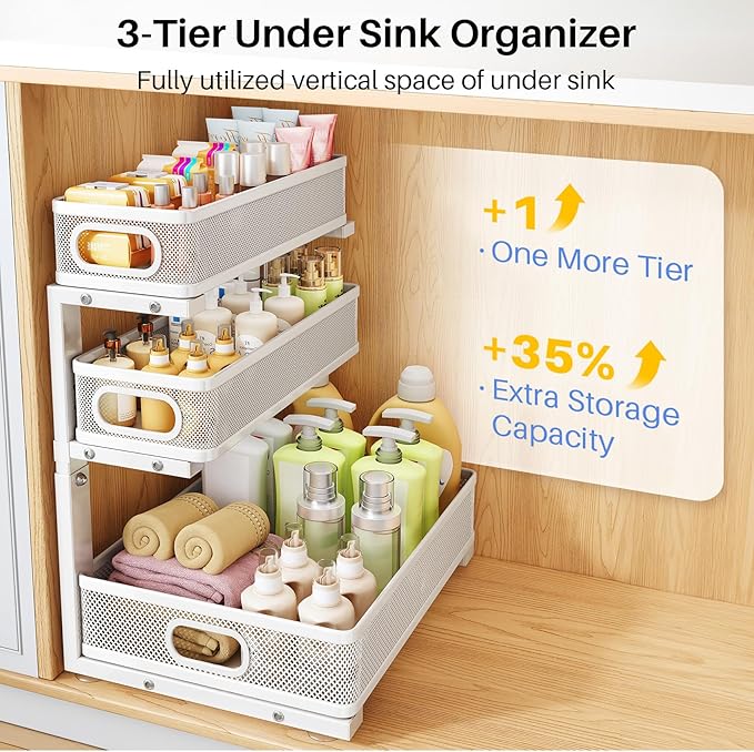 Under Sink Organizer, 3-Tier Thickened Metal Pull out Cabinet Organizer Shelf, Height Adjustable Slide out Storage Drawer Rack for Kitchen Bathroom Pantry Laundry Home Organization, 2-Pack, White | 35% Extra Storage Capacity, Carbon Steel, Hold Up 55lb... - Image 3