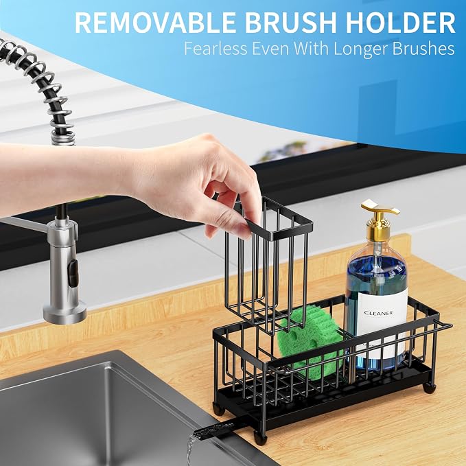 Cisily Sponge Holder for Kitchen Sink, Sink Caddy Organizer with High Brush Holder, Kitchen Countertop Organizers and Storage Essentials, Rustproof 304 Stainless Steel (Black with Towel Rack, 9.25″) - Image 5