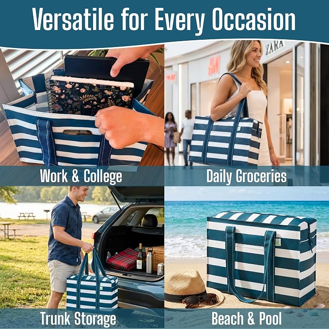 VENO 2 Pack Utility Tote Reusable Grocery Bags with Zipper & Hard Bottom | Heavy Duty Foldable Water-Resistant Shopping Bags for Summer Beach, Picnic & Travel Carry-on (Classic Navy Stripe, 2 Pack) - Image 5