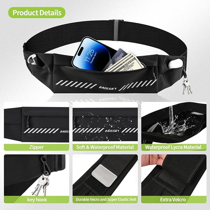 Slim Running Belt Fanny Pack for Men Women, Running Phone Holder, Waist Pack Runners Bag Money Belt with 3 Separate Pouch to Store Your Phone Key Money Safe, Waist Bag-Black - Image 5
