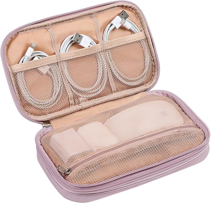 NISHEL Electronics Travel Organizer Cord Case, Charger Cable Tech Bag | Double-layer bag keeps chargers, cables, flash drive, and small tech essentials organized for trip, Medium, Peach Pink - Image 5