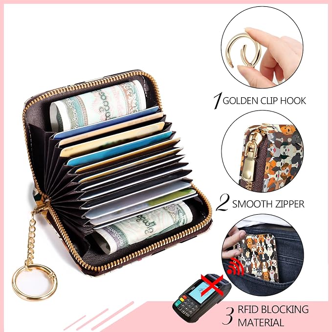 Blusabaca RFID Credit Card Holder Small Women Travel Wallet, Dog Puppy | Removable Keychain, Case with Zipper, Vegan PU Leather, Cash Coin Pocket, Business Accordion Purse, Ladies Female Gift - Image 5