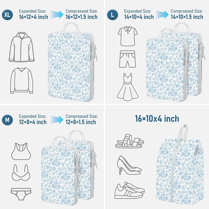 6 Set Compression Packing Cubes, Suitcase Organizer, Lightweight Travel Essentials, Compression Bags For Travel Accessories Luggage Storage Set (6Pcs, Blue floral) - Image 2