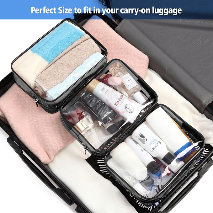 Clear Makeup Bag for Travel - TSA Approved Toiletry Bag, 2 Black | 1 Medium Quart Carry-On & 1 Large Checked-Luggage, Reinforced Seams, Water-resistant, Clear Easy-Check for Airport, Women - Image 6